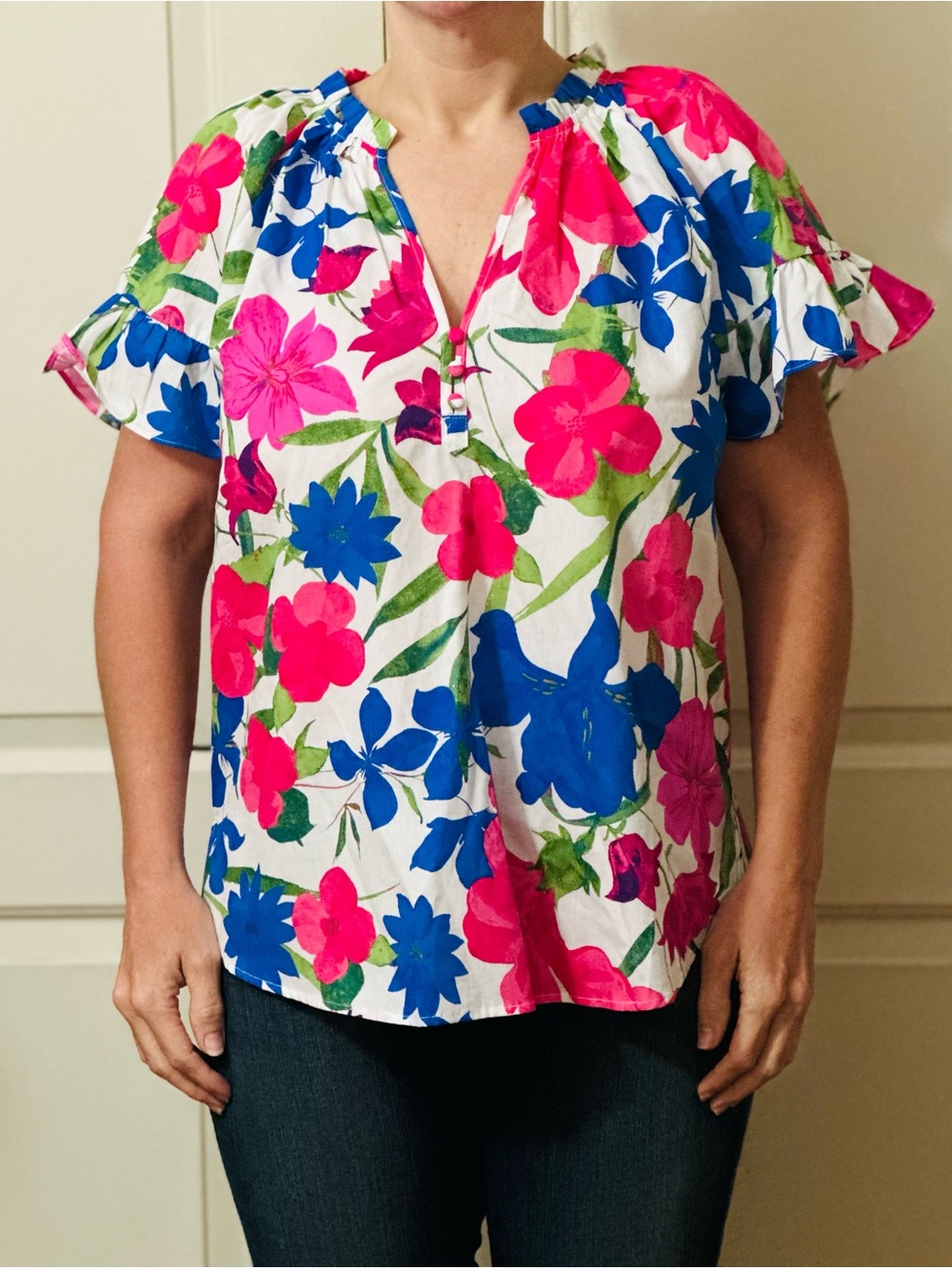Sugarlips White Floral Ruffled Sleeve Peasant Top in Pink & Blue